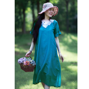 短袖 森女轻薄真丝棉花边V领飘逸中长款 连衣裙HQ782 新品 2020夏季