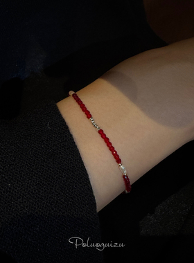 确幸红手工天然红尖晶石强光珍珠s925碎银手链超显白新年本命年