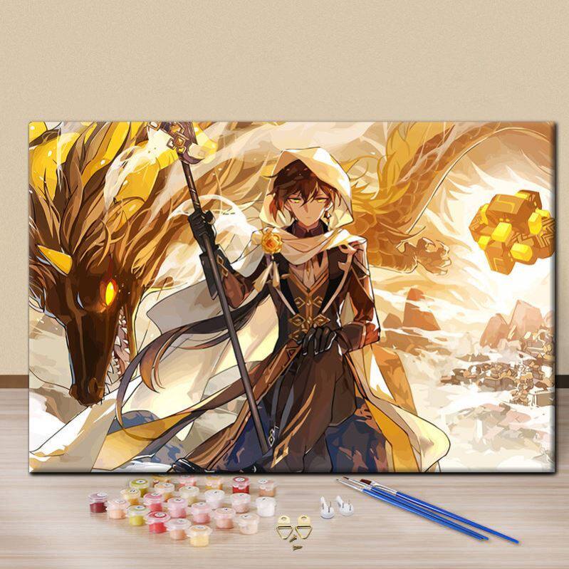 原神数字油画diy填色画钟离游戏人物手绘填色丙烯颜料画生日礼物