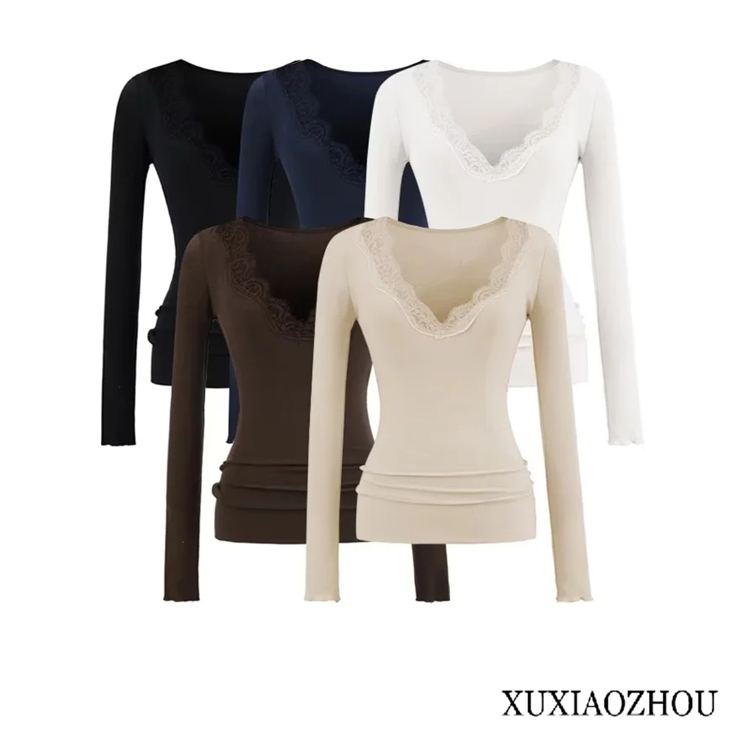 纯欲风气质V领蕾丝拼接磨毛打底衫女秋冬季内搭弹力紧身长袖t恤