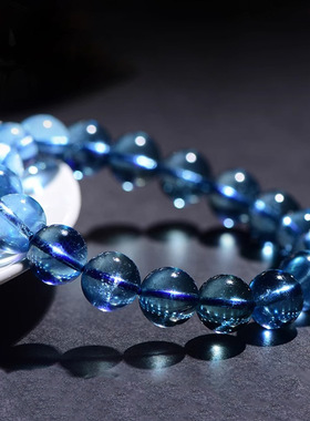 稀有浓郁天然魔鬼蓝海蓝宝手链冰种蓝水晶手串巴西原色老矿糯体女