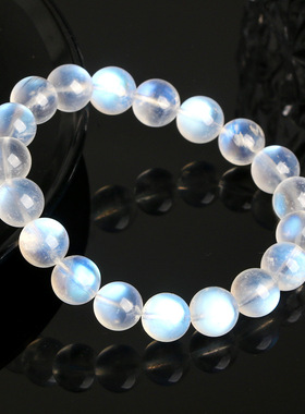 天然玻璃体蓝月光石单圈手链 印度料强蓝光彩虹光佛珠水晶手串女