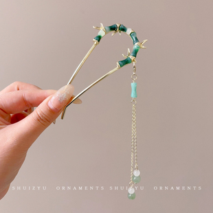 新中式绿竹子u型发簪女2025新款国风簪子丸子头盘发神器发夹头饰