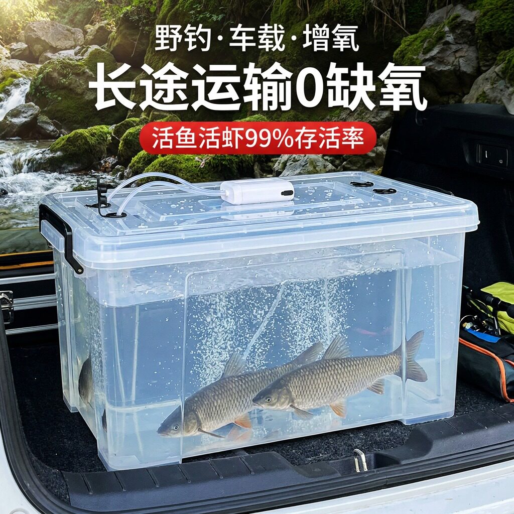 车载增氧保鲜活鱼箱钓鱼桶装鱼箱透明密封后备箱加厚运输箱活鱼桶