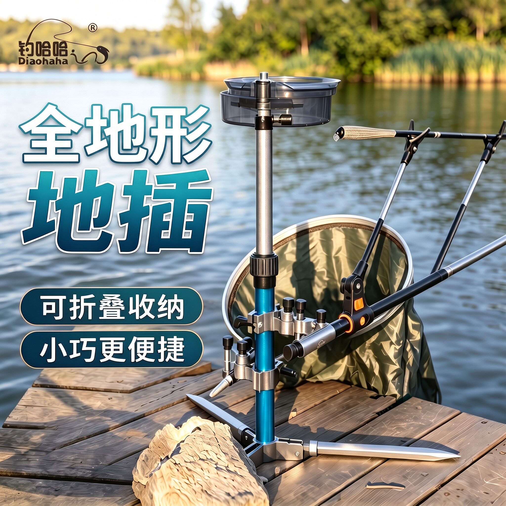 钓哈哈野钓地插鱼竿支架便携三合一渔具小配件多功能拉饵盘炮台架图片