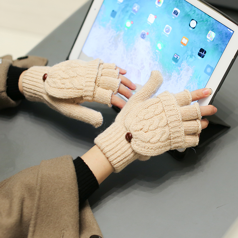 男女毛线翻盖写字打字用半指手套
