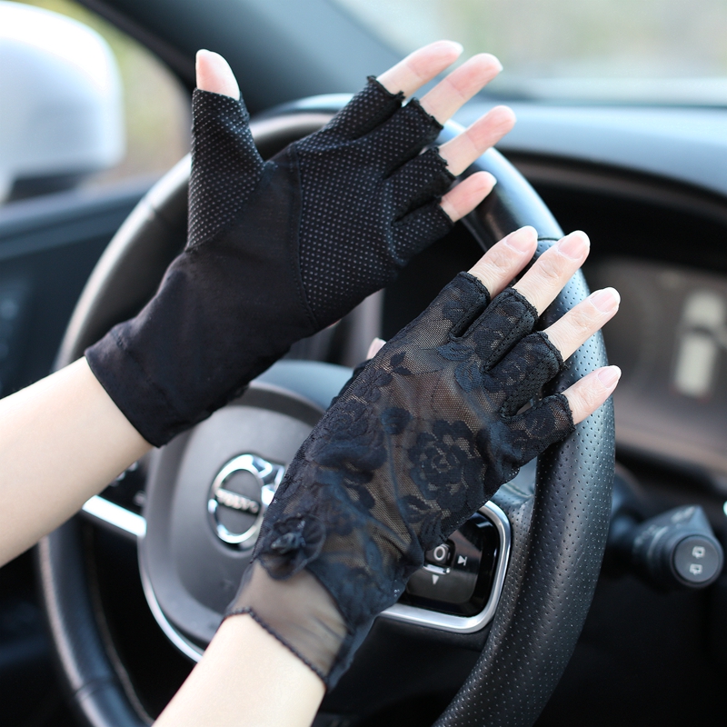 女蕾丝超薄款夏防晒半指手套显瘦