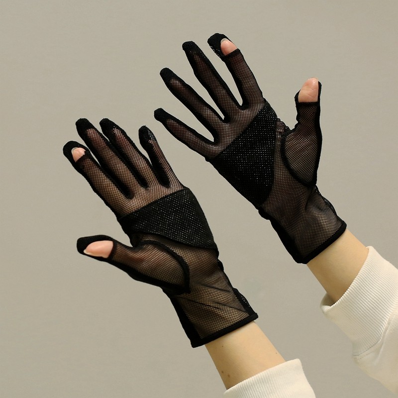 春秋薄款棉质拼接透气网纱露两指防滑手套女开车防晒夏天防紫外线