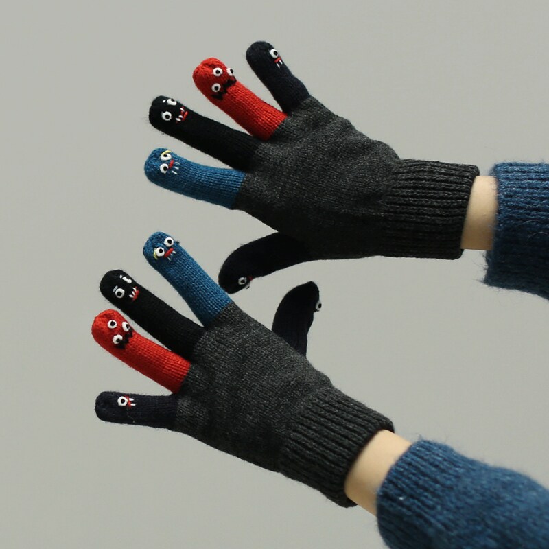 ins韩版可爱软妹卡通情侣搞怪五指手工表情触屏手套 秋冬男女学生