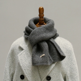 基础百搭氛围深灰色复古高级软糯绵羊毛兔毛混纺针织纹理毛线围巾