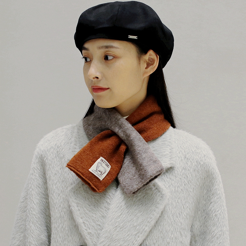 拼色交叉围脖复古小巧护颈小围巾