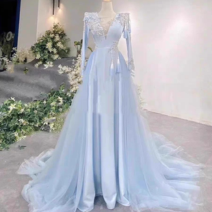 高端民歌演出蓝色艺考深V器乐演奏合唱表演主持人晚礼服重工新款