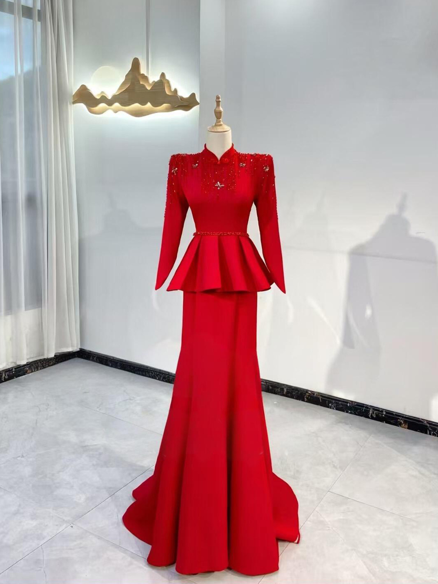 红色长袖礼服裙舞台演出主持艺考宴会年会晚礼服