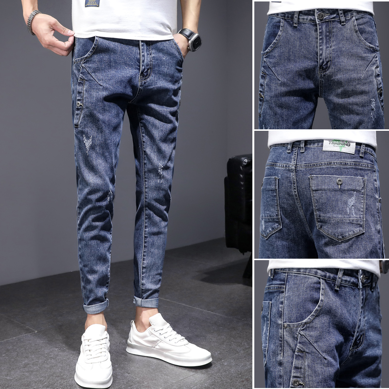 2021夏季薄款男士牛仔裤潮牌韩版潮流弹力百搭修身小脚休闲长裤子
