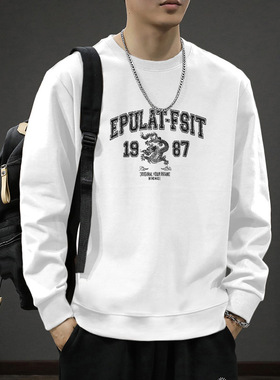 重磅无帽春秋季印花圆领卫衣男日系宽松休闲套头上衣oersize外套