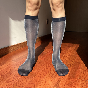藏蓝银星空男士正装丝袜绅士日系锦纶长筒夏薄款性感西装皮鞋长袜