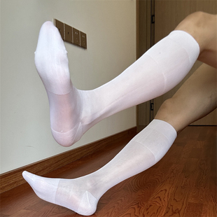 高筒素面带跟白色丝袜男士商务正装皮鞋丝滑性感日系锦纶丝袜薄款