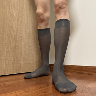 灰色丝袜宽条纹锦纶商务丝袜男士超薄性感透气正装通勤皮鞋长袜