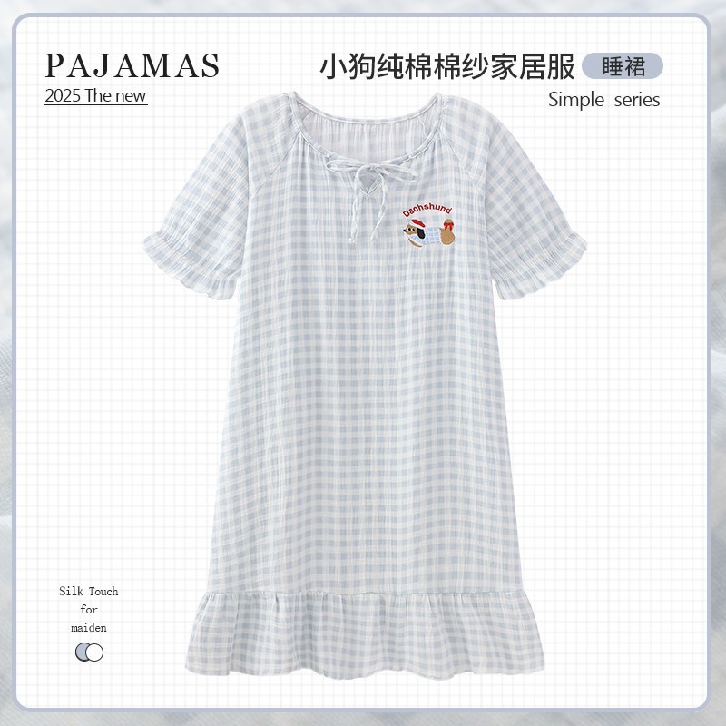 日系腊肠狗睡裙女夏季纯棉棉纱新款可爱少女中长裙睡衣夏天家居服
