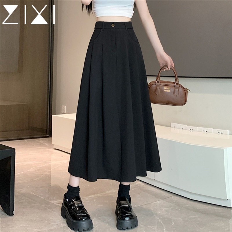 黑色西装百褶裙女伞裙2025夏季新款西显瘦遮胯垂感长裙a字半身裙