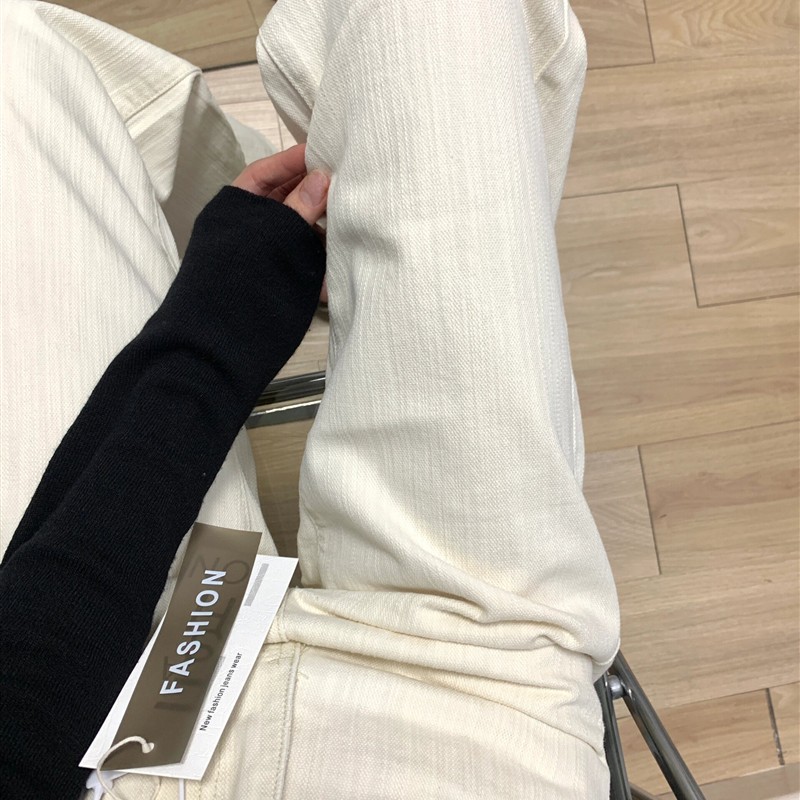 175高个子加长浅杏色窄版直筒牛仔裤女春秋高腰显瘦阔腿拖地裤子