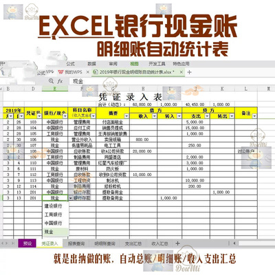 EXCEL银行现金日记账明细账自动统计表存款管理收入支出出纳做账