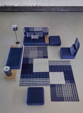 GAN RUG 纯羊毛手工西班牙时尚家居客厅卧室中国蓝色长形地毯挂毯