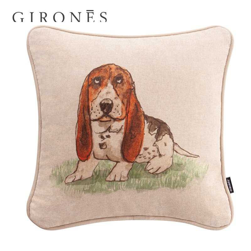 GIRONES进口西班牙素描卡通动物犬图案棉涤高档包边抱枕套靠垫