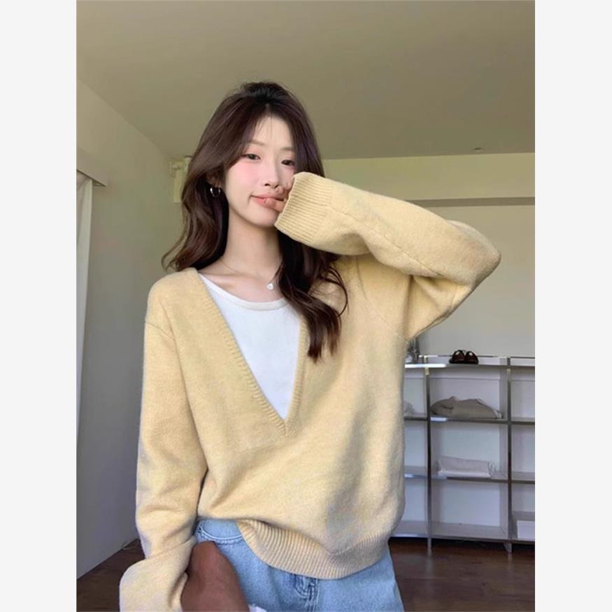 黄色v领假两件针织衫女早