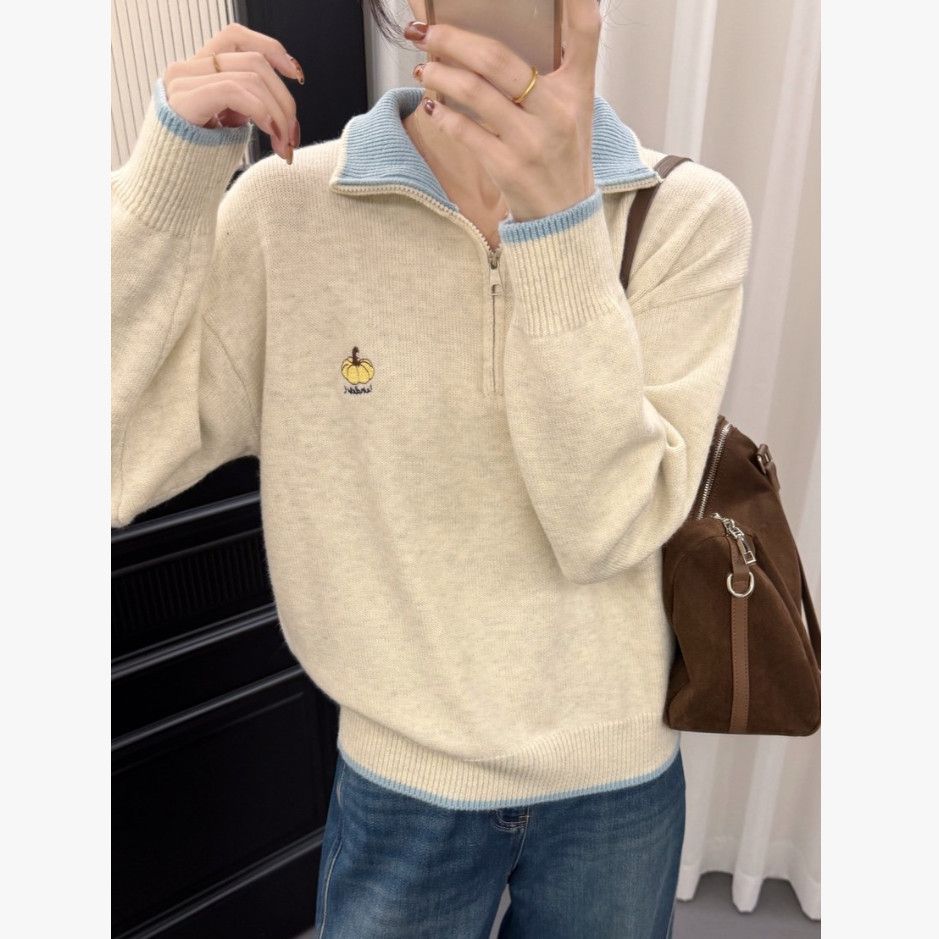 南瓜刺绣立领拉链套头毛