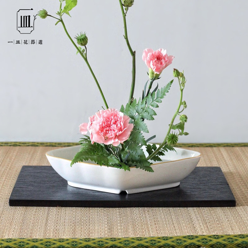 小原流花道花器天使金色描边菱形插花器皿剑山插花器日式花盘禅意