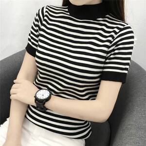 2023夏季新款短袖T恤女毛衣女半高领黑白条纹打底衫女针织衫女