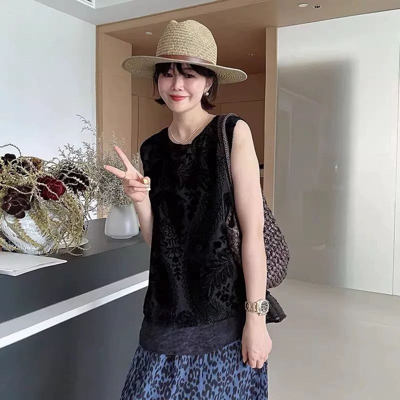 夏季凉爽宽松遮肉显瘦气质拼接纱网薄款微透大码胖mm无袖背心上衣