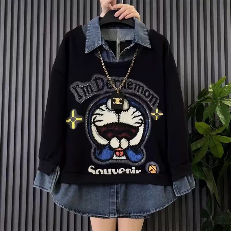 大码胖mm可爱叮当猫拼接牛仔卫衣