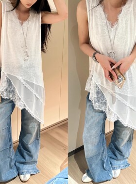 韩系时尚百搭不规则蕾丝下摆大码2-300斤胖mmV领高级感无袖背心女