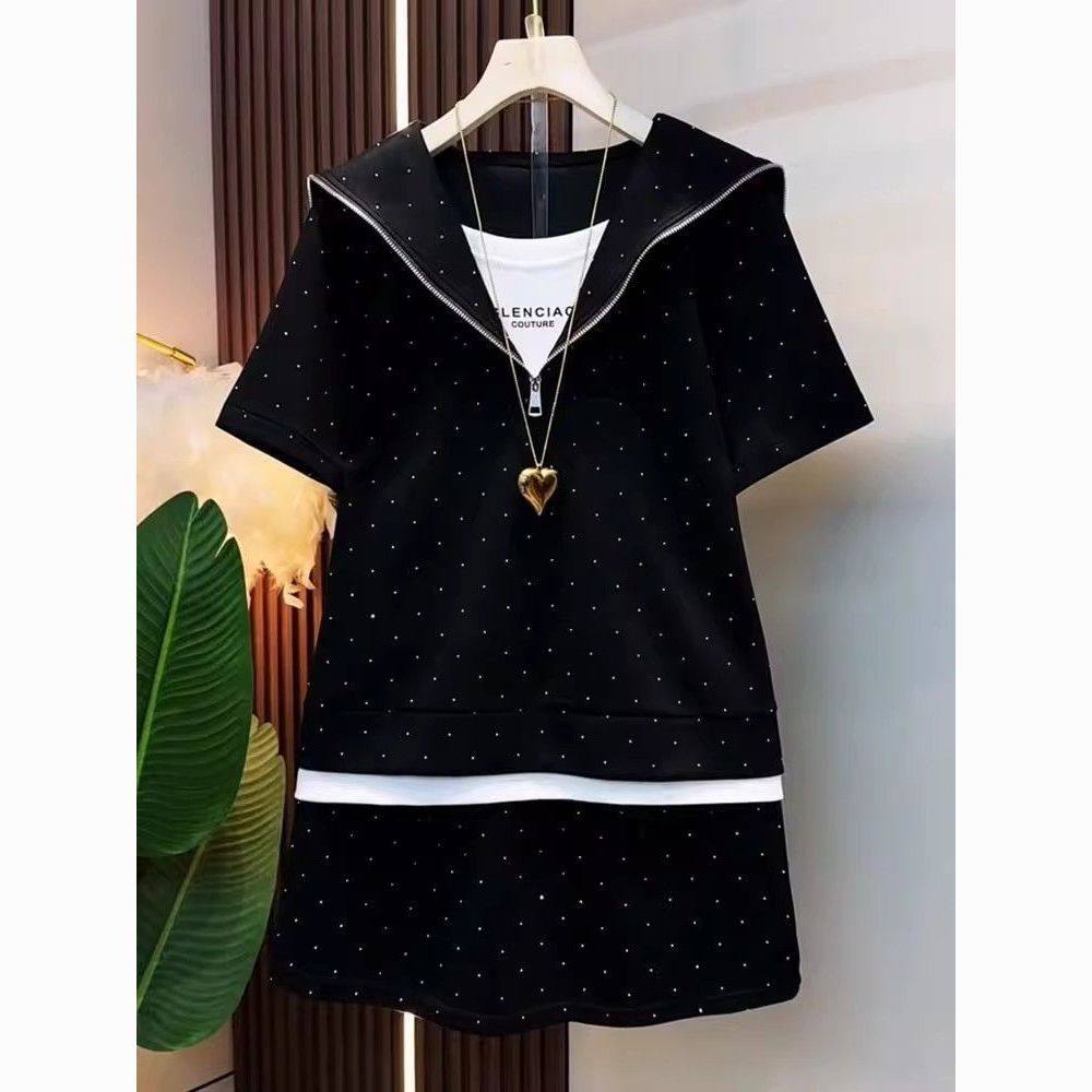 大码2-300斤胖mm烫钻撞色拼接假两件短袖短裙宽松遮肉显瘦两件套,女装/女士精品,大码套装,淘宝优惠券,粉丝福利购,淘宝优惠卷