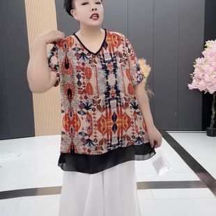 妈妈洋气显瘦短袖 胖mm上衣 拼接纱网小衫 气质遮肚宽松中年V领大码