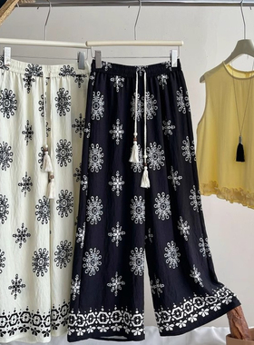 民族风波西米亚复古印花大码胖mm2-300斤宽松遮肉显瘦直筒长裤女