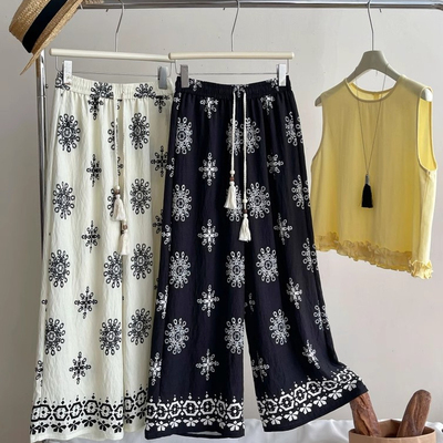 民族风复古大码遮肉显瘦直筒长裤