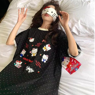 夏季300斤胖MM大码蕾丝边短袖kitty猫卡通波点睡裙可外穿宽松睡衣