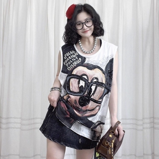 300斤胖mm帅气米奇宽松遮肉显瘦白色无袖 大码 背心上衣女 新款 夏季