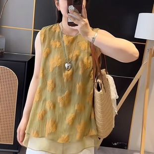 小衫 胖mm花朵拼接纱网假两件无袖 新中式 背心女2025夏薄款 遮肉大码