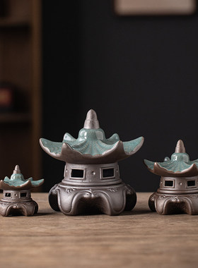 中式陶瓷灯塔六角亭子摆件客厅桌面装饰品鱼缸微景观沙盘禅意造景