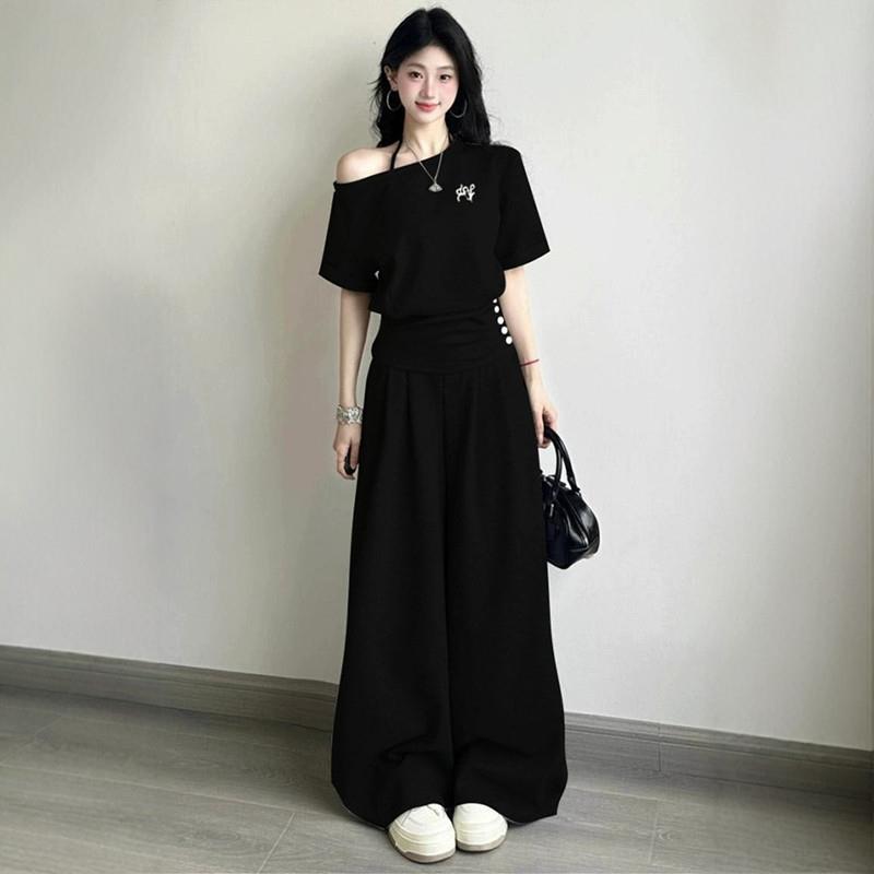 韩系高级感露肩休闲套装女夏季时尚宽松显瘦短袖阔腿裤运动两件套