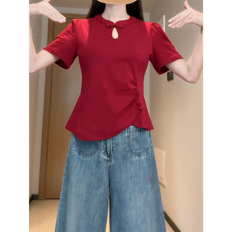 大码新中式盘扣不规则正肩短袖女t恤夏胖mm显瘦镂空收腰短款上衣
