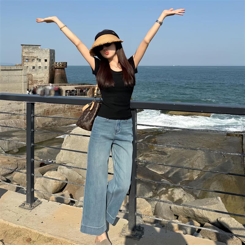 韩系夏季修身套装女气质百搭黑色圆领短袖上衣高腰九分阔腿牛仔裤