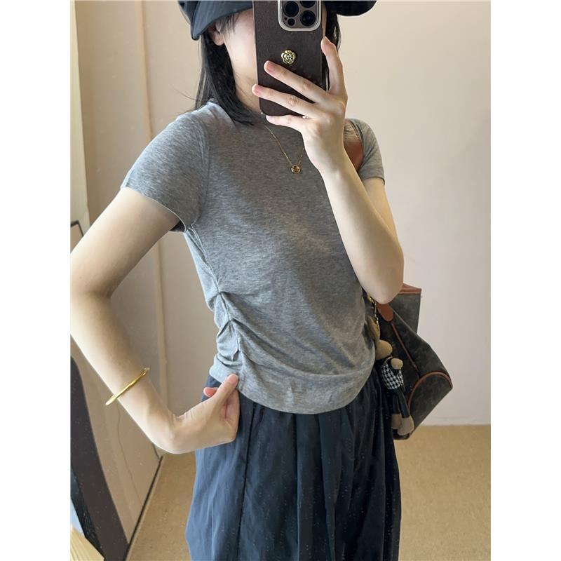 正肩显瘦短袖T恤女夏季修身别致小众气质圆领掐腰褶皱款纯棉上衣