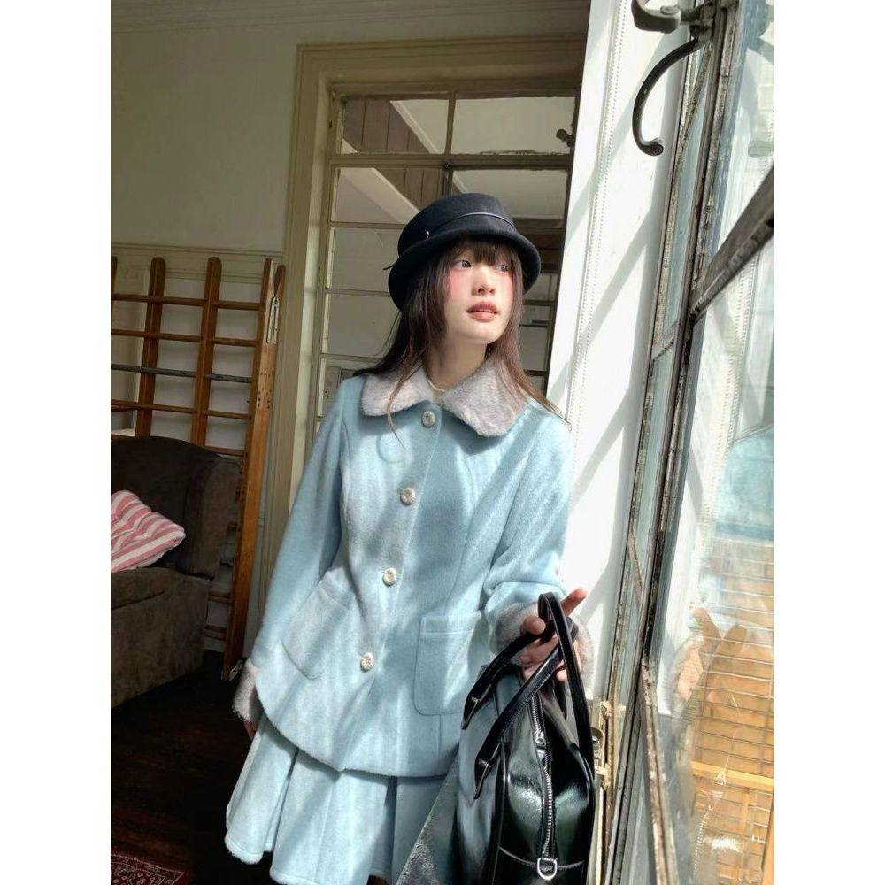 【甜美香风】蓝色冬季千金风套装古早收腰显瘦毛呢外套半裙两件套,女装/女士精品,时尚套装,淘宝优惠券,粉丝福利购,淘宝优惠卷