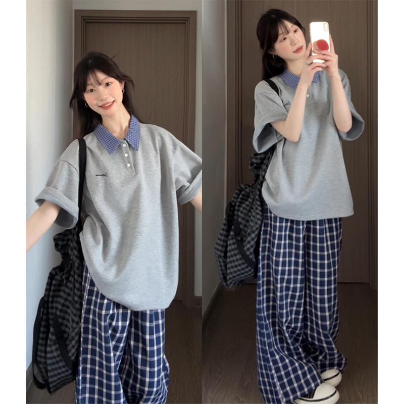 学院风休闲运动套装女夏季polo短袖时尚宽松韩版学生阔腿裤两件套