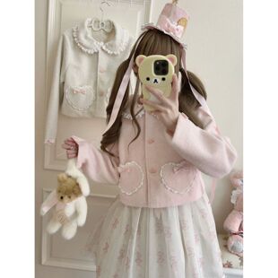 古早感Lolita甜系娃娃领蝴蝶结大衣冬季新款可爱短款长款毛呢外套